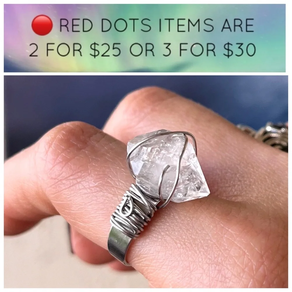 🔴 Sale . Adjustable double point herkimer diamond wire wrap ring boho gems